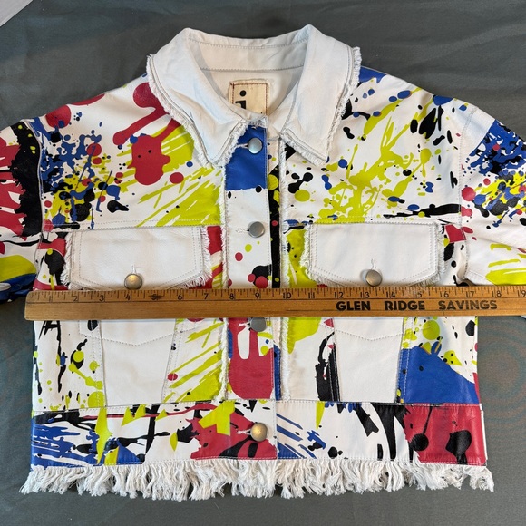 Jkt NYC Colorful Splatter Paint Leather Cropped Fringe Jacket - Picture 7 of 9